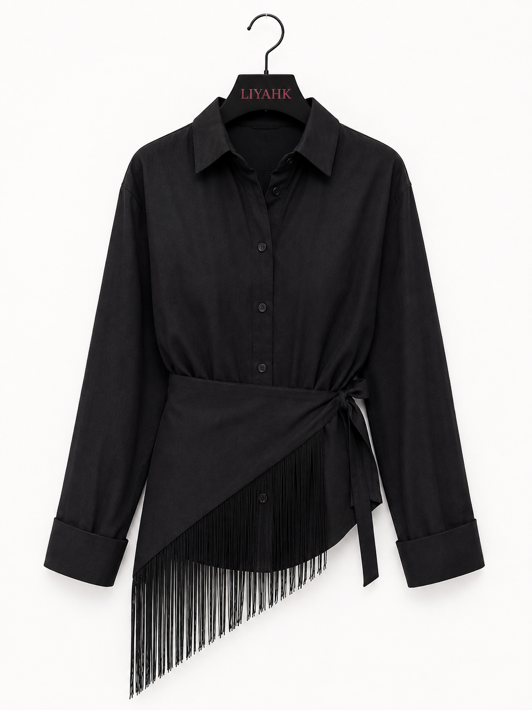 CHEMISIER NOIR AVEC CEINTURE À FRANGES