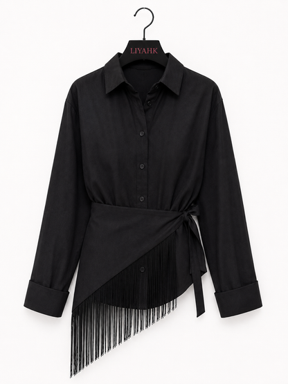 CHEMISIER NOIR AVEC CEINTURE À FRANGES